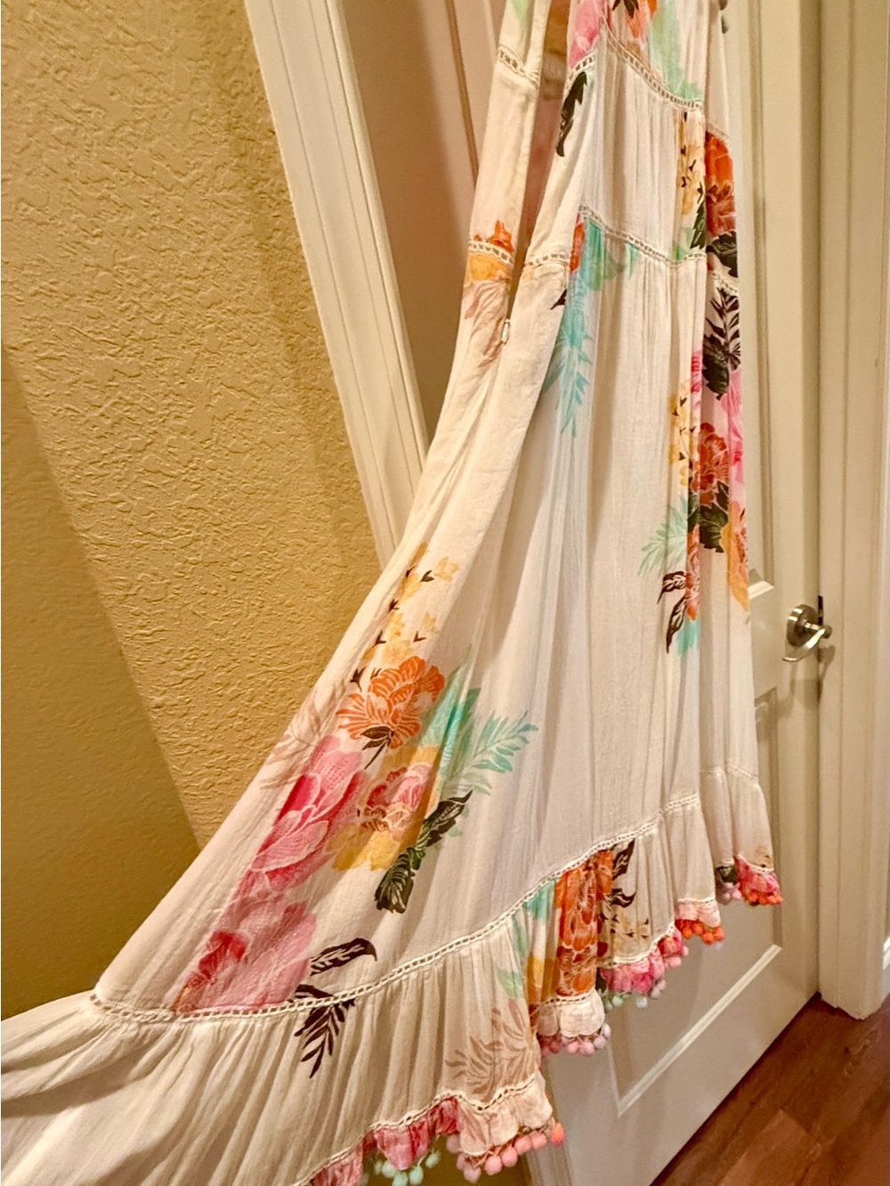 Floral White Tiered Maxi Dress with Pink & Orange Blooms - Picture 11 of 15